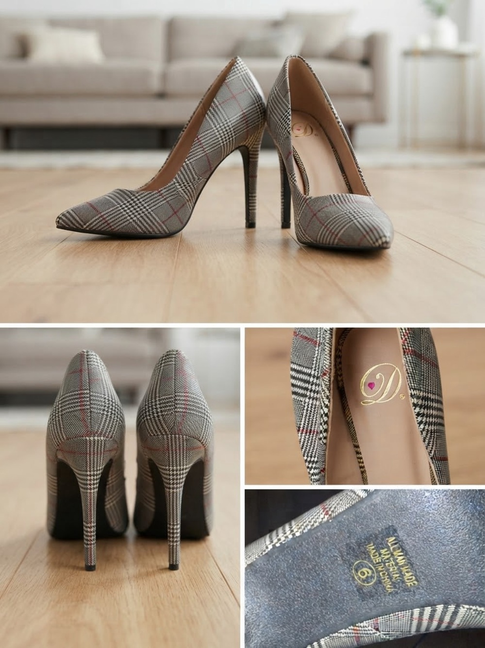 Plaid Pointed-Toe Stiletto Pumps - Gray Plaid